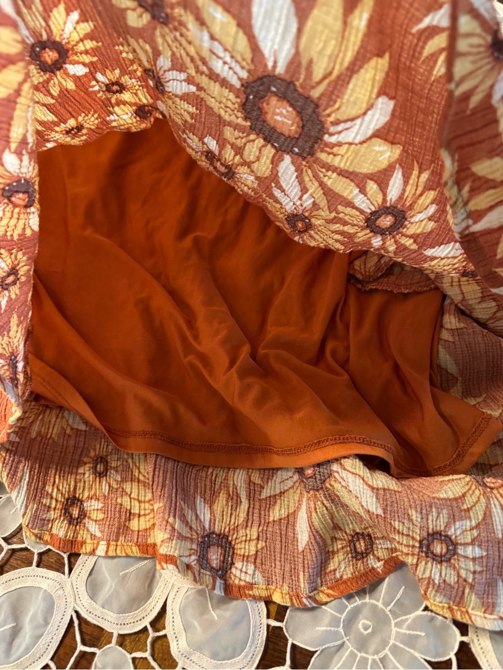 BeCool Sunflower Mini Dress Women L Western Boho Indie Rust Floral Sundress B2 - Picture 11 of 13